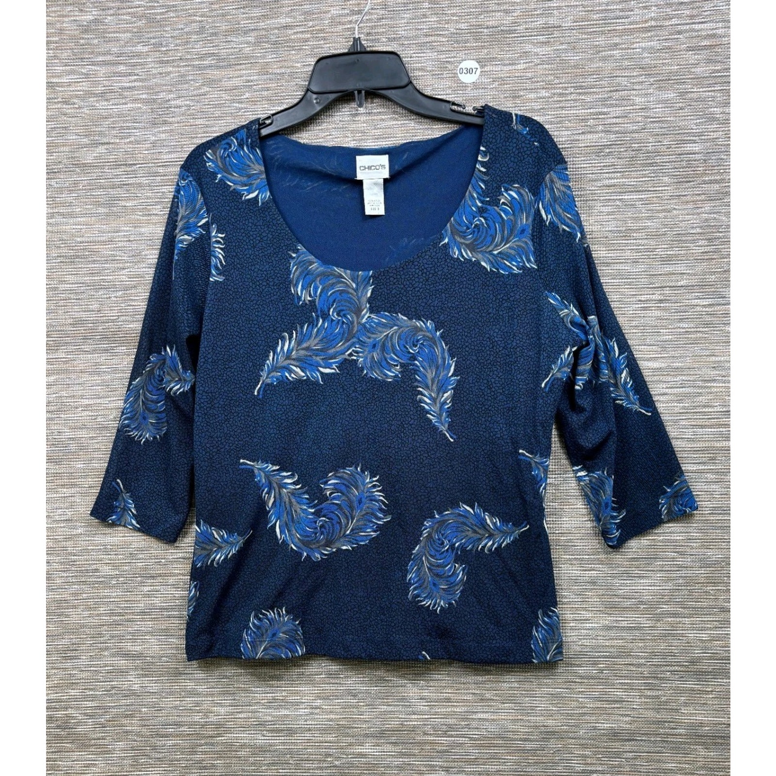 Chico's Top Women’s Size 3 Us Xl Navy Leaves Print 3/4 Sleeve Pullover